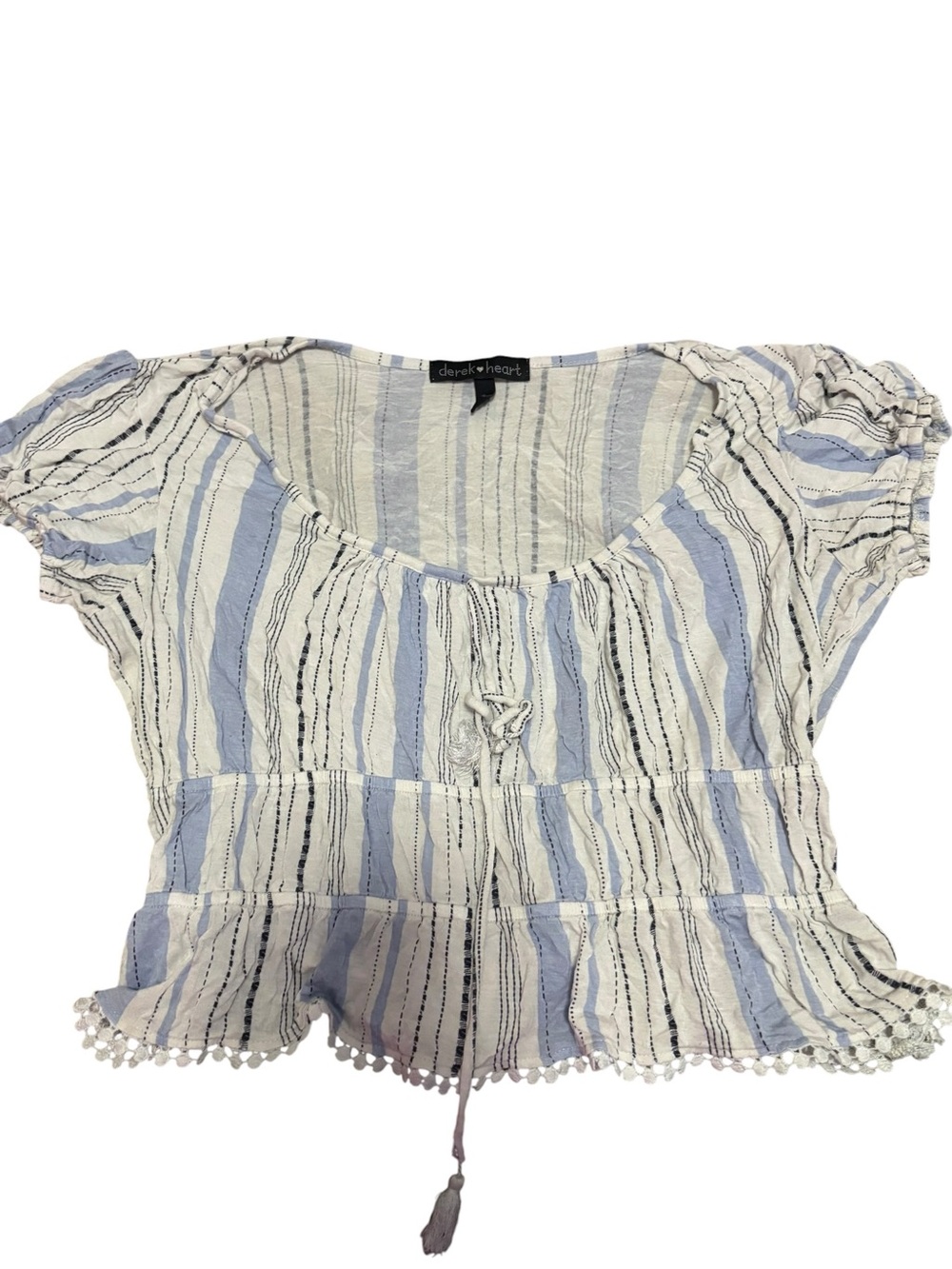 Derek Heart Blue & White Striped Tie-Front Peasant Top